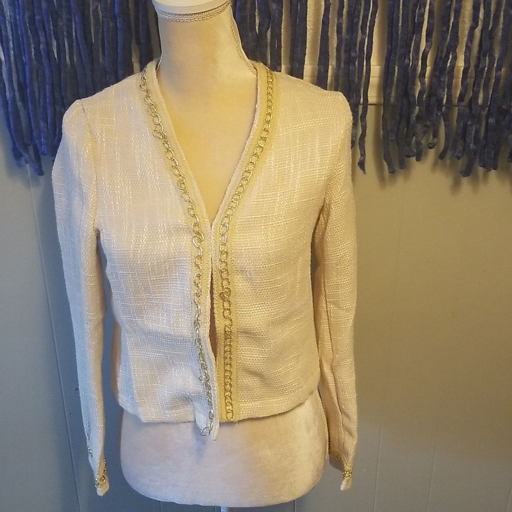 Level 8 Ivory Cream Goldtone Metal Trim Crop Tweed Summer Blazer NWT Sz. XS